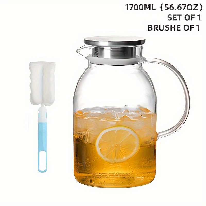 1pc, Pitcher With Lid, 1.5L/50.73oz Heavy Duty Heat Resistant Glass Water  Bottles, Juice Container, Hot And Cold Beverage Water Kettle, Summer Drinkwa