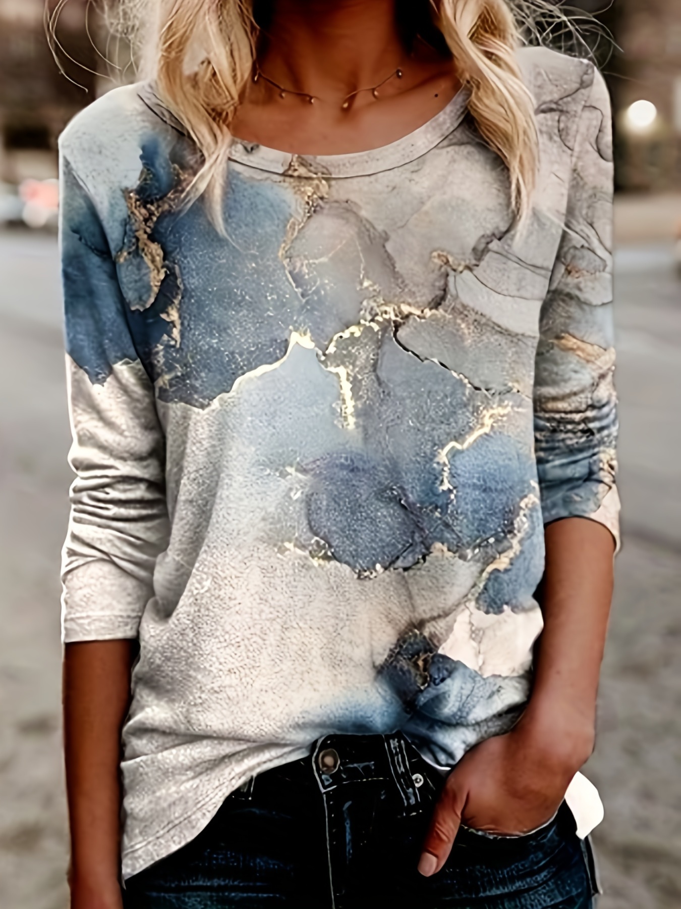 Casual Sweatshirt Women's Plus Marble Print Long Sleeve - Temu