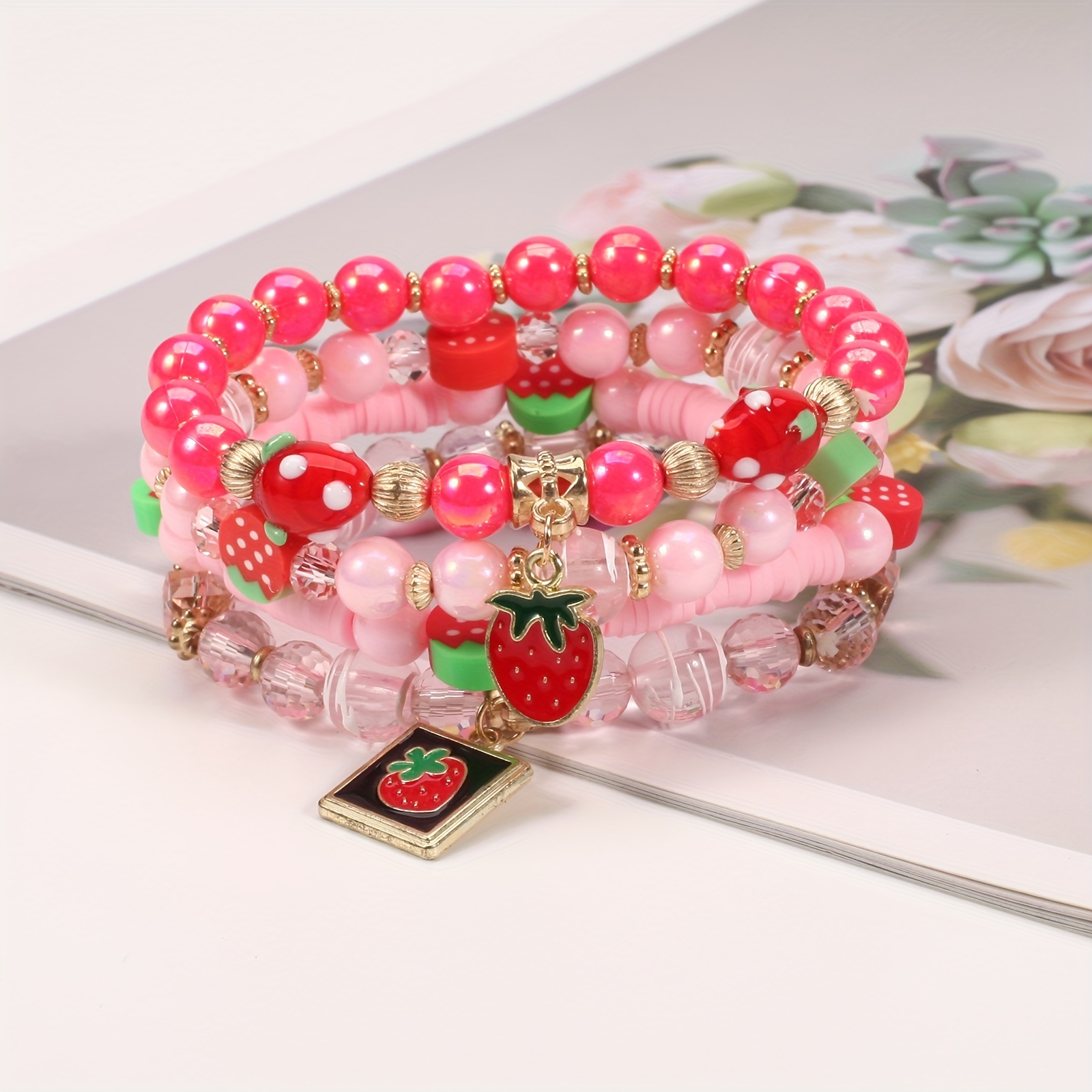Pink Poppy Hot Pink Strawberry Charm Stretch Beaded Bracelet
