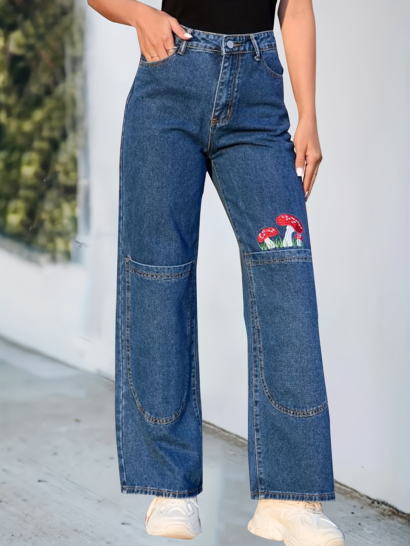 Contrast Color Casual Baggy Jeans, Loose Fit Floral Print Wide Legs Jeans,  Women's Denim Jeans & Clothing