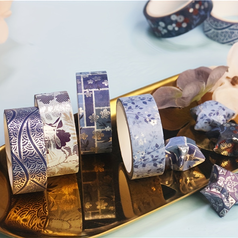 Blue Floral Washi Tape Set Gold Foil Decorative Tape Perfect - Temu