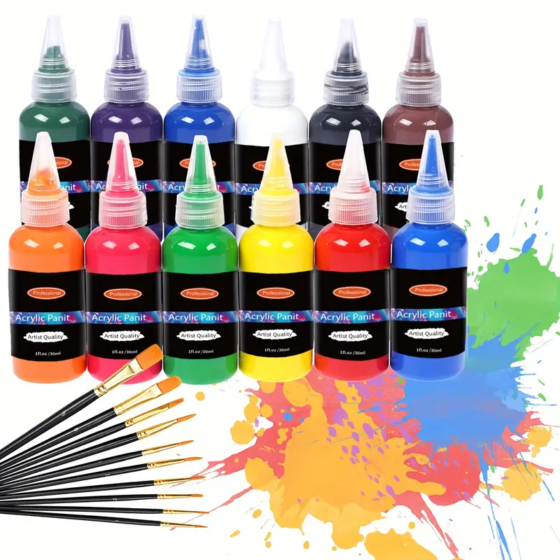 Acrylic Paint Set With 10 Paint Brushes, 12 Colors (30ml, 1.05oz) Art Craft  Paint Non-Toxic, Perfect For Hobby Painters, Artists, Adults, Perfect For