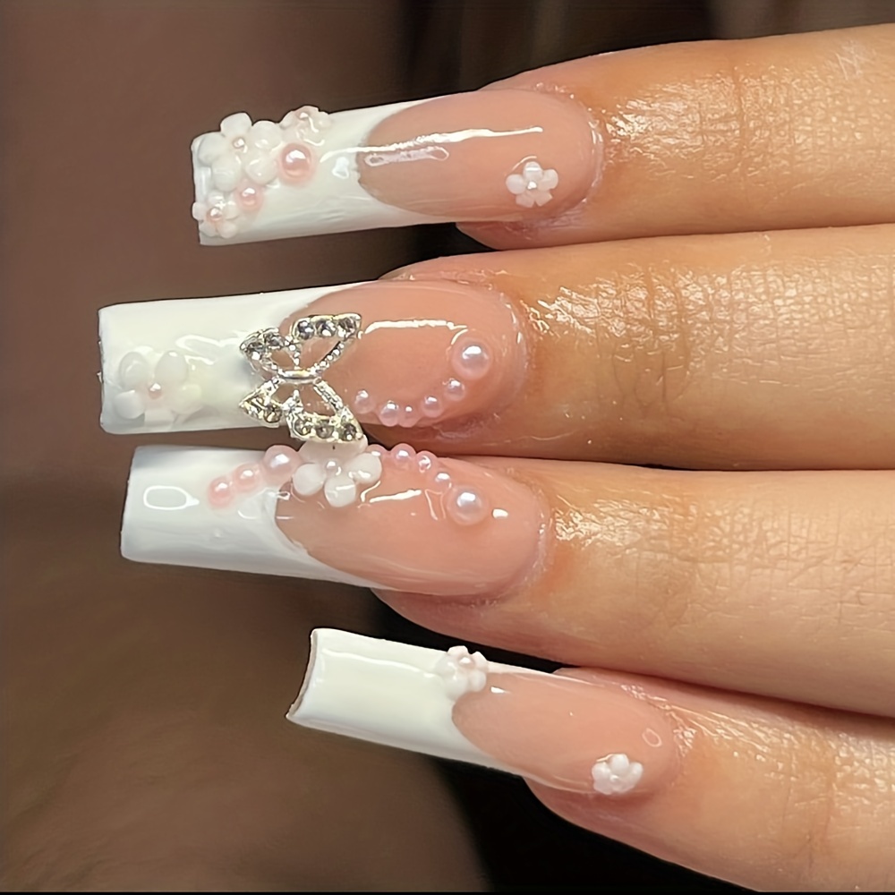 French Tip Press on Nails Long with Rhinestone Designs, 3D Luxury