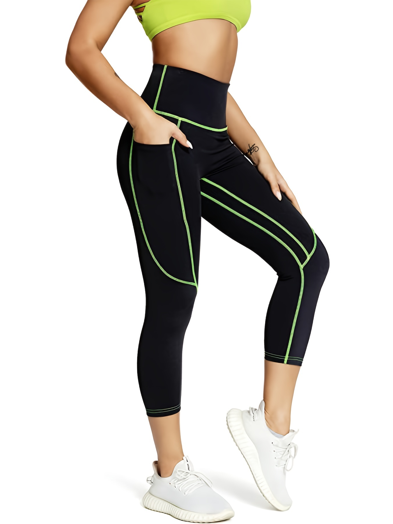 High Waist Stitching Side Sports Fitness Yoga Capri Pants - Temu