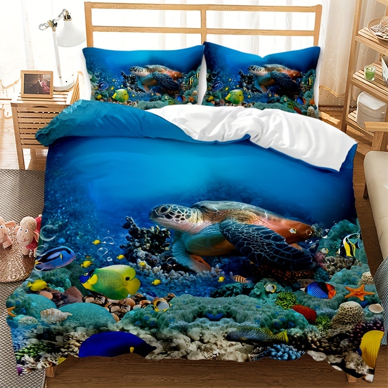 Comforter Set Blue Sea Turtle Starfish Little Fish Boys - Temu
