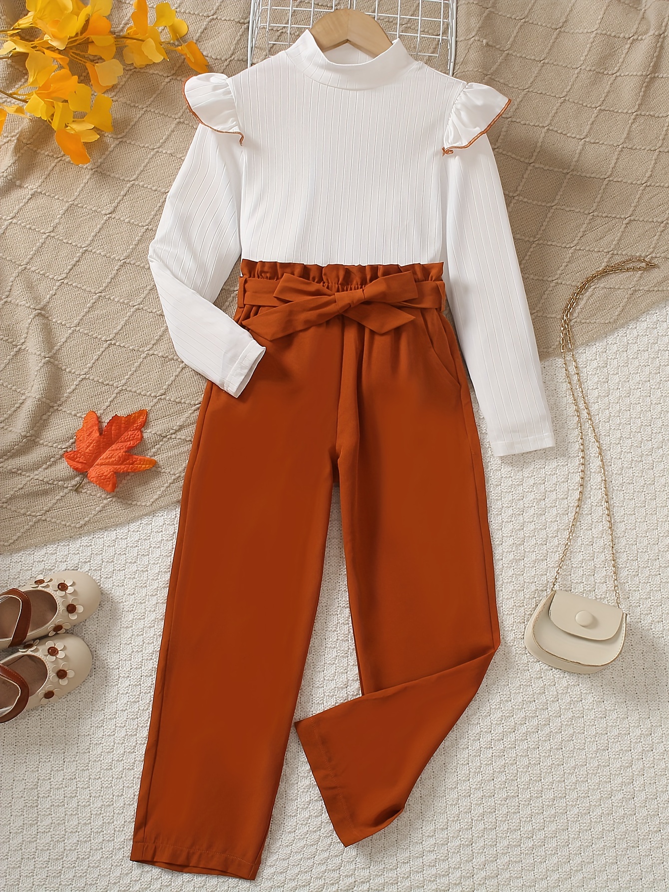 Girl's Causal Ribbed Outfit Long Sleeve Top Flare Pants Set - Temu