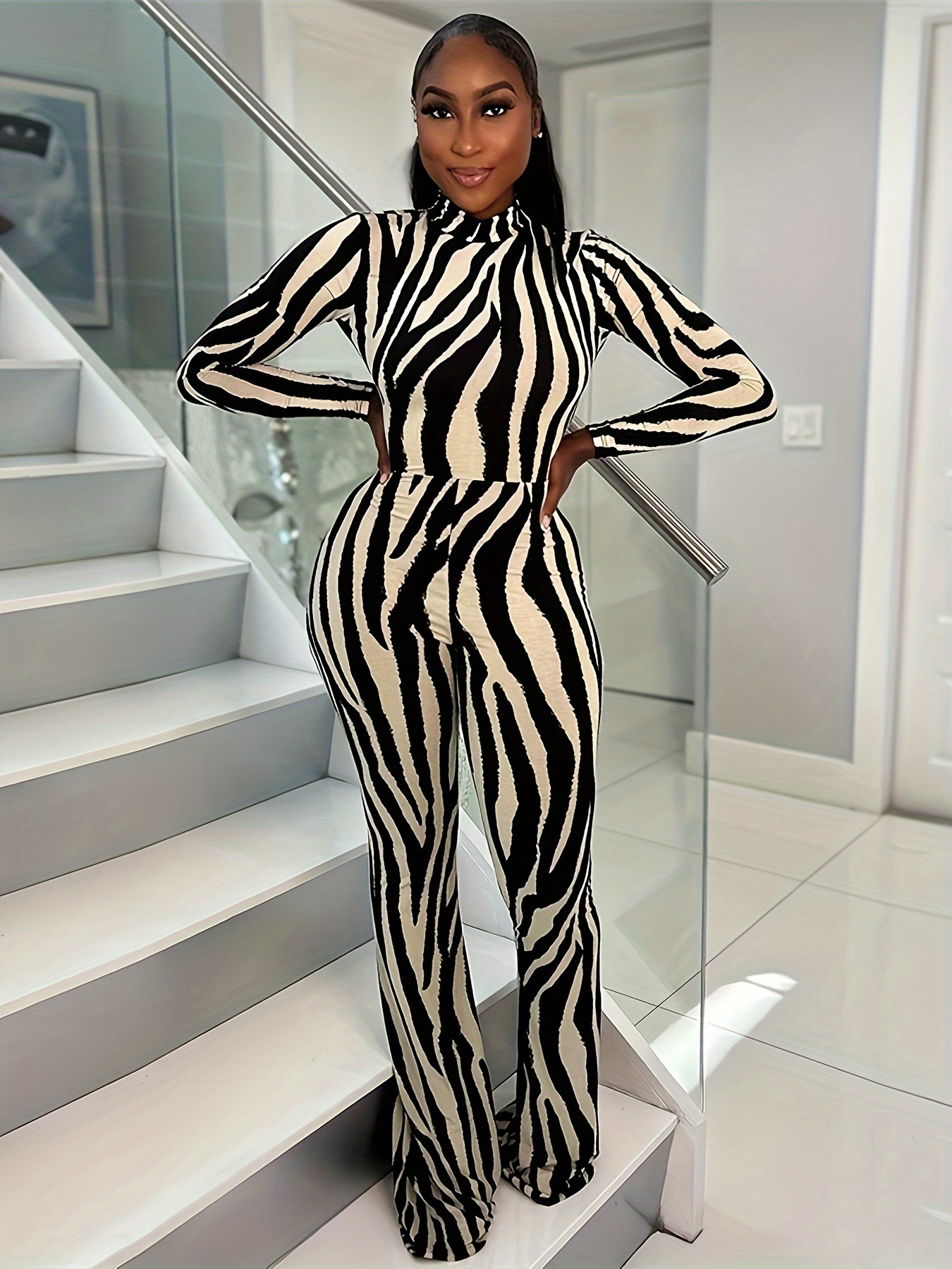 Zebra Print Backless Slim Jumpsuit Y2k Long Sleeve Knitting - Temu