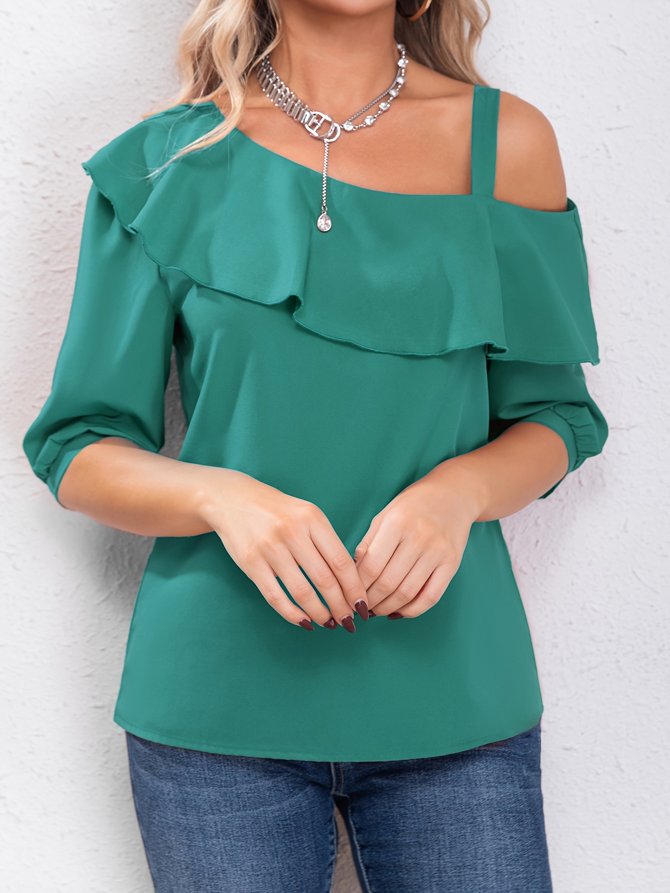 Blusa Sólida Com Acabamento De Babados Blusa Elegante Com - Temu Portugal