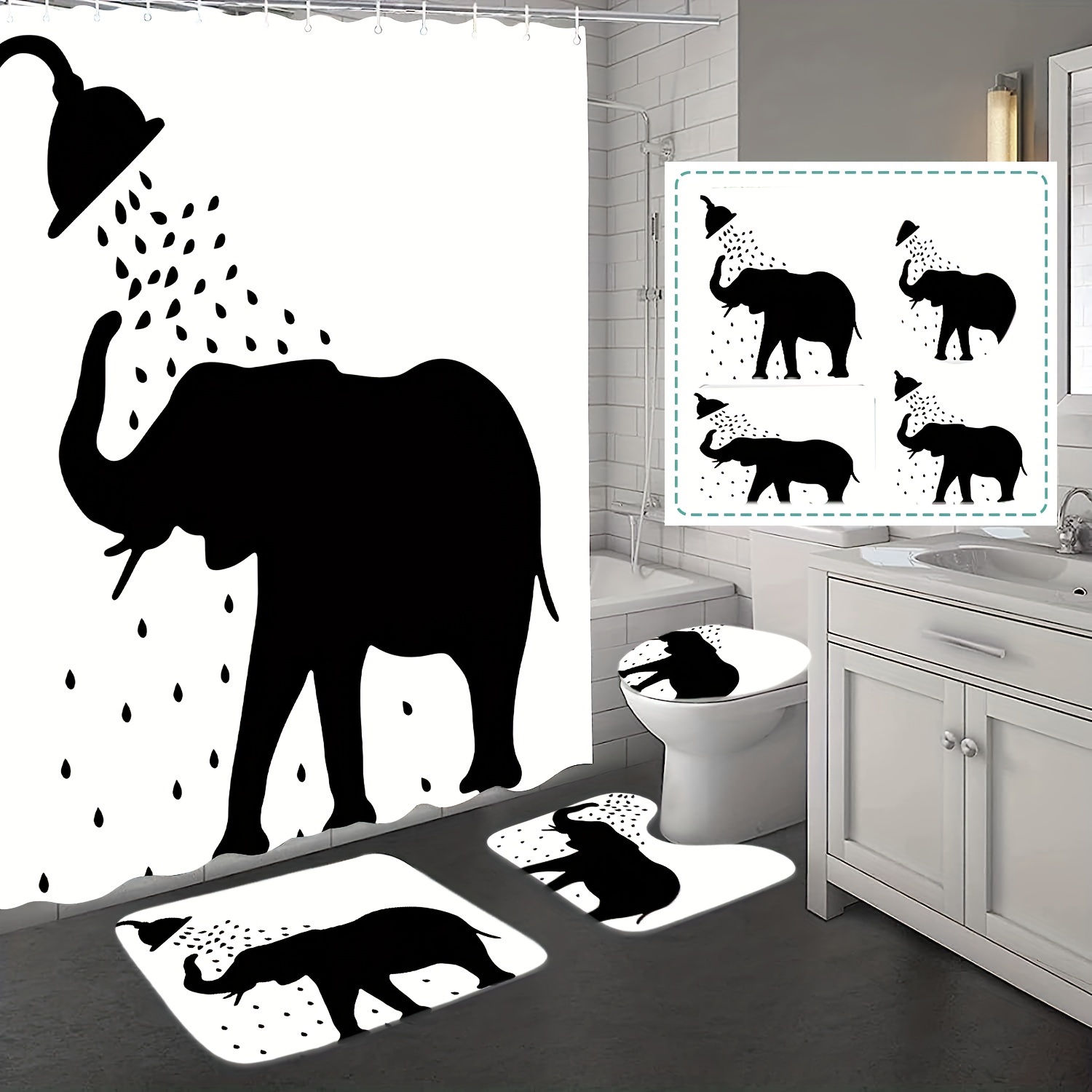 Black Bear Print Shower Curtain Set, Bathroom Rug, U-shape Mat, Toilet Lid  Pad, Waterproof Curtain With 12 Hooks,, Decorative Bathroom Set, Bathroom  Accessories - Temu