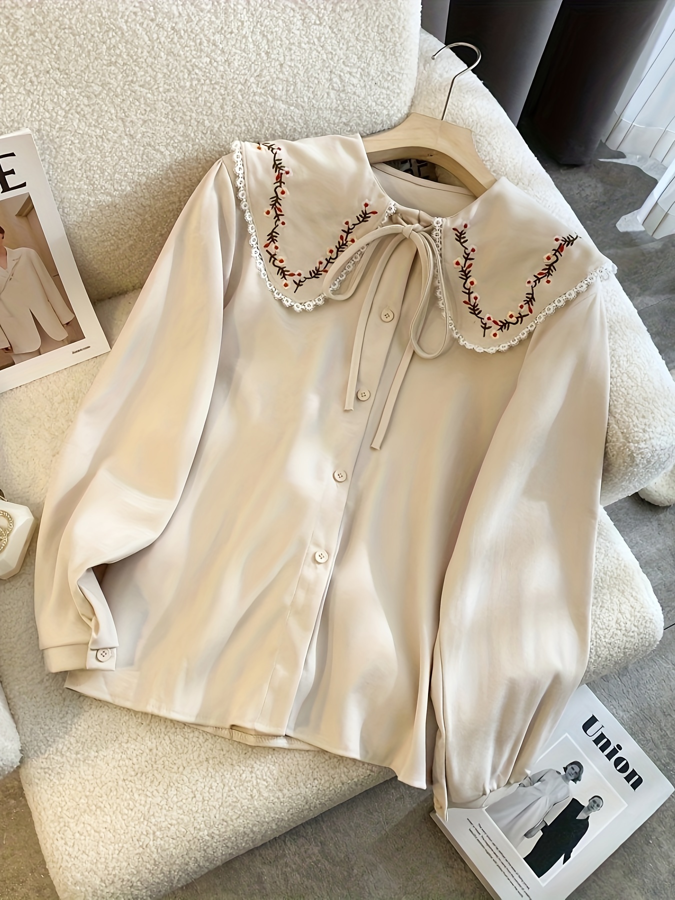 Bowknot Doll Collar Long Sleeve Chiffon Button Down Shirts Top Blouse 