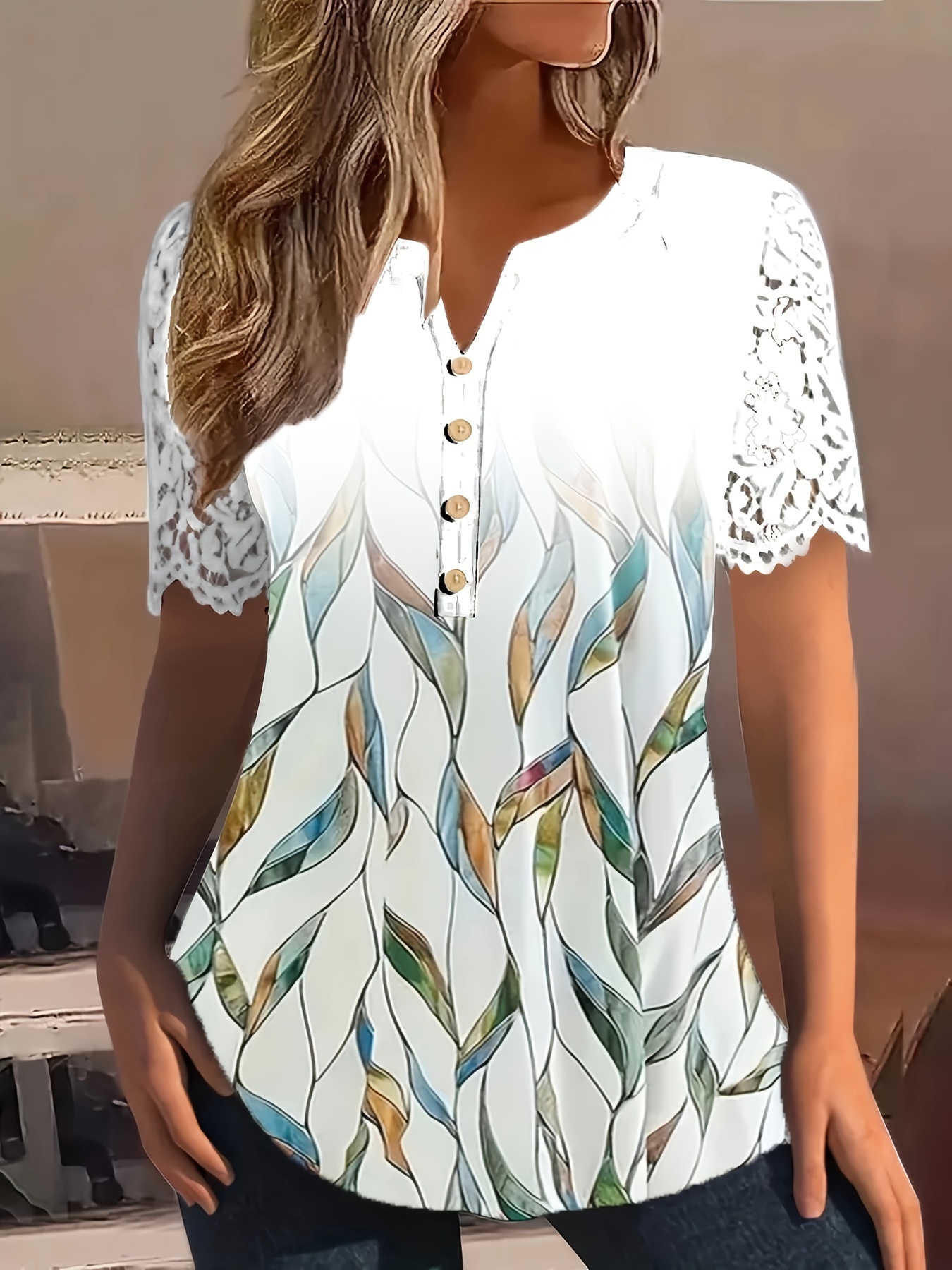 Women's Casual Top, Plus Size Leaf Print Contrast Lace Short Sleeve Notched  Neck Henley Tunic Top