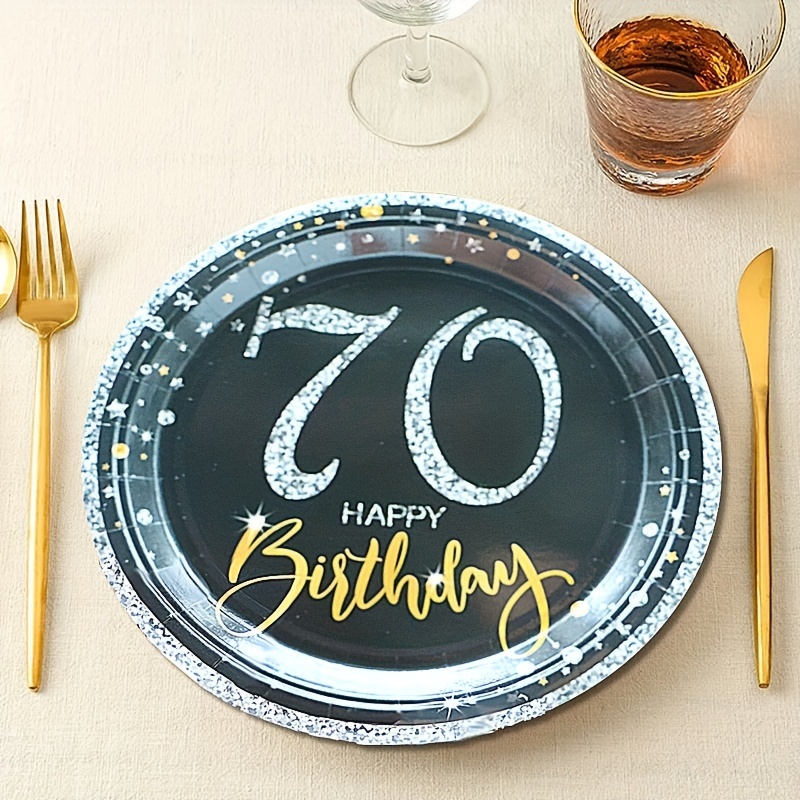 Crisky Platos de 60 cumpleaños negro y dorado, postre, bufé, pastel,  almuerzo, platos de cena para decoraciones de cumpleaños 60, suministros de