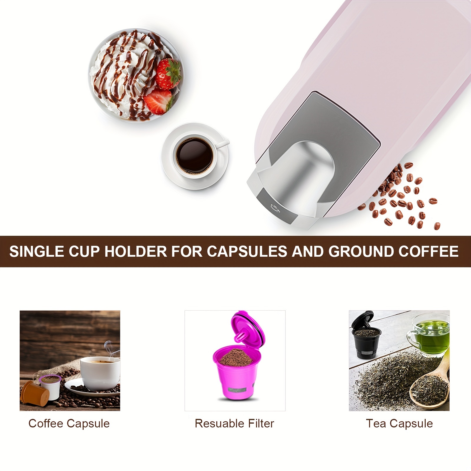 1pc,Single Serve Coffee Maker - 3-in-1 Machine for K-Cups, Pods, and Ground  Coffee - Fast Brewing in Minutes - Auto Shut Off - Includes Coffee Tool,  Pink