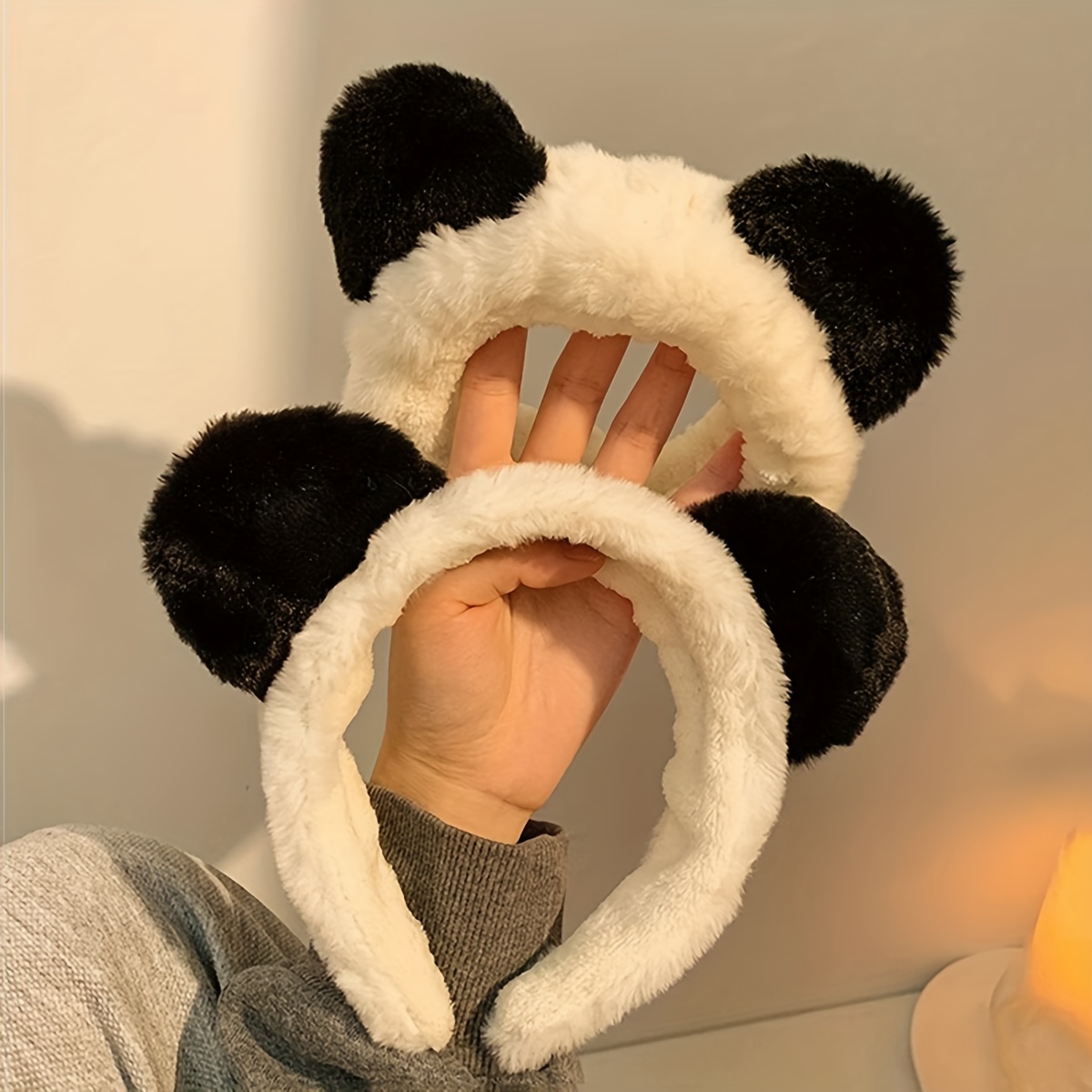 Image of 2pcs Plush Panda Ear Headbands/headbands For Women, Daily Use For Washing Face And Applying Face Masks, Black And White Plush Wide-band Headbands/headbands, Stylish And Cute Cartoon Hair Accessories
