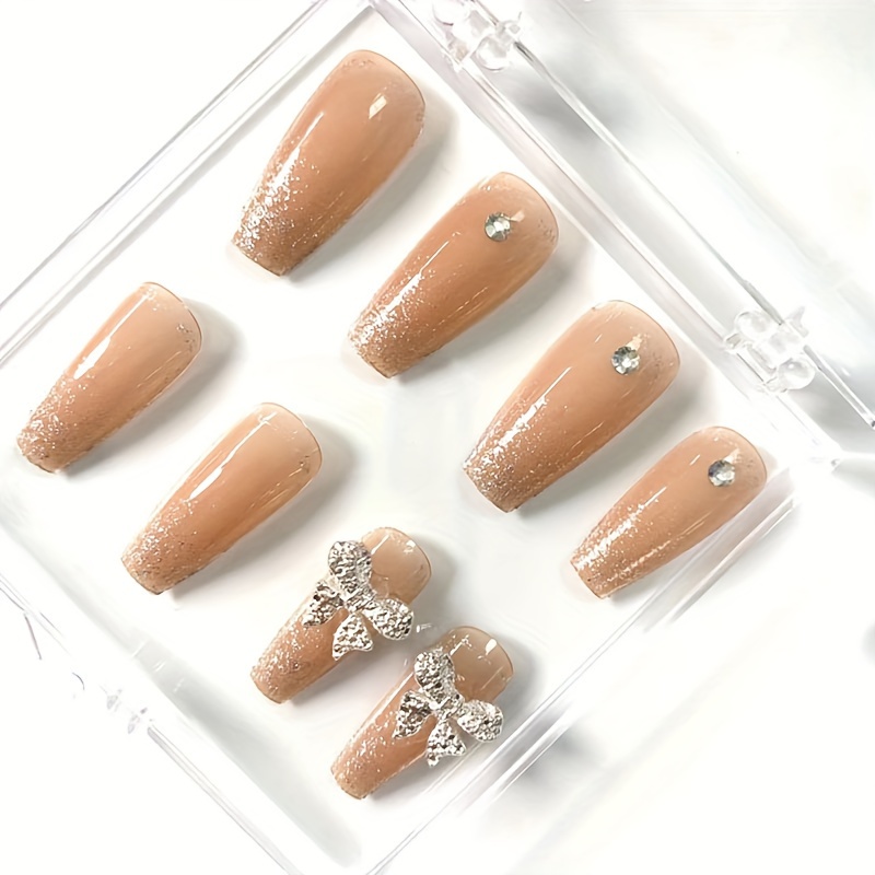 Mona Handmade Press On Nails Shining Rhinestone Nude - Temu