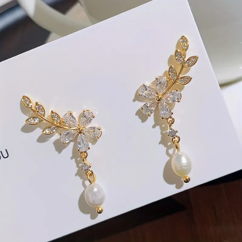 zircon flower faux pearl decor earrings vintage elegant earrings fashion party or everyday wear details 4