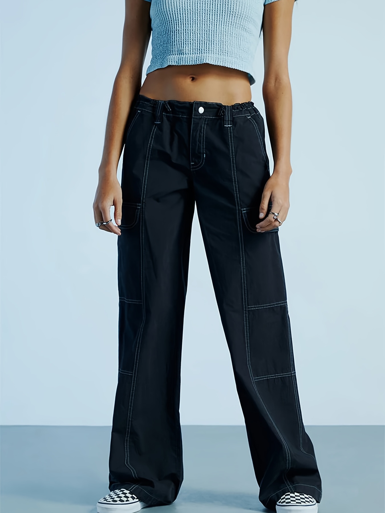 Buy High Waist Baggy Cargo Jeans for Women Flap Pocket Relaxed Fit Straight Wide  Leg Y2K Fashion Jeans, L#black, Small at
