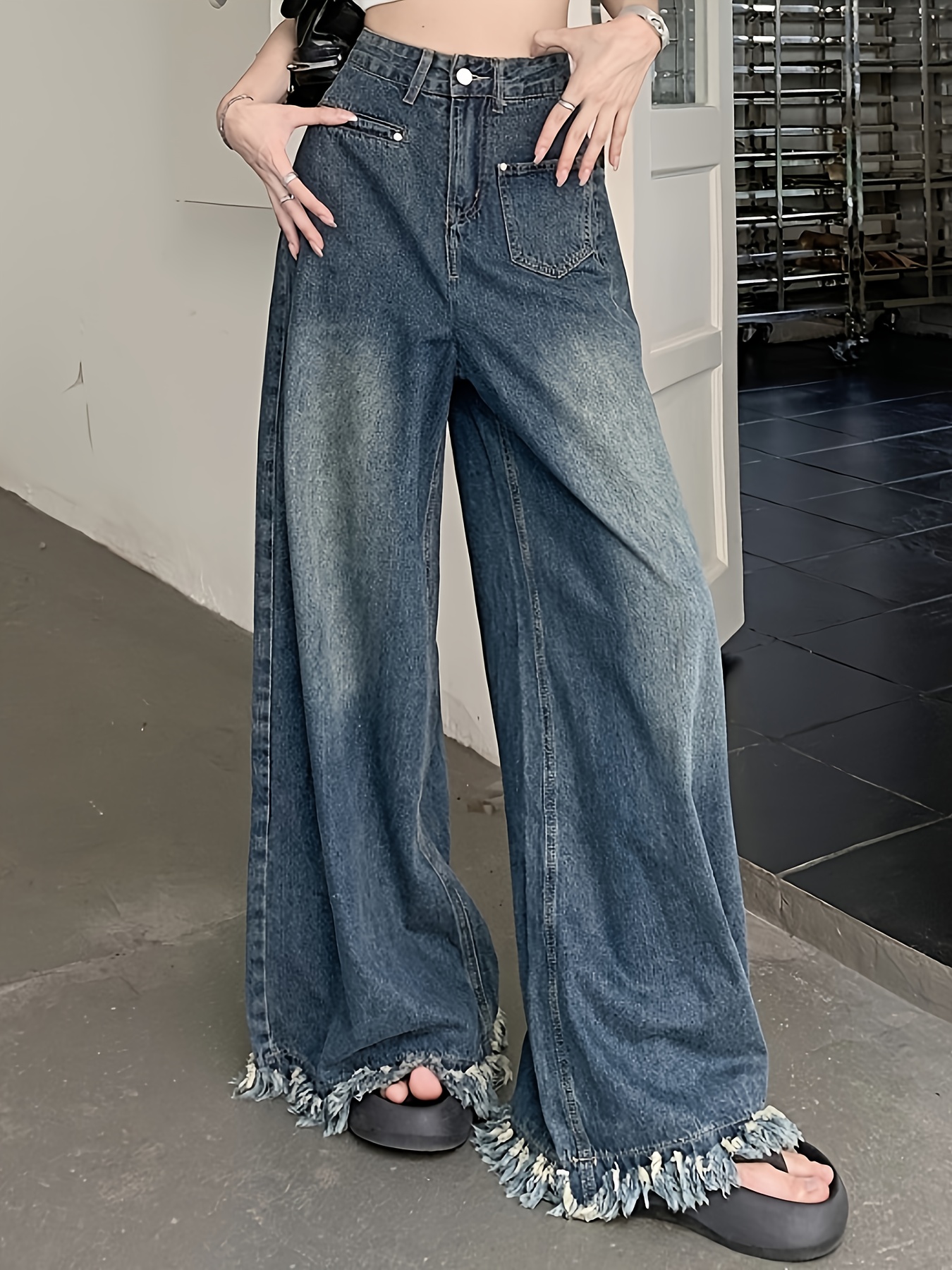 High-Waisted Wide-Leg Released-Hem Jeans For Women