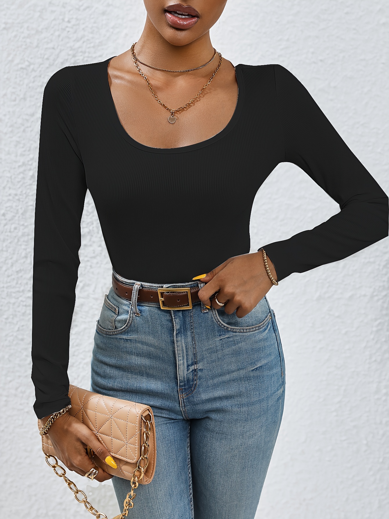 Bodysuit Tops for Women with Sleeves Square Neck Stretchy Basic