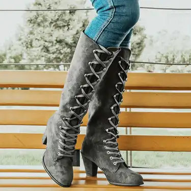 Women's Chunky Heeled Long Boots, Retro Solid Color Lace Up Knee