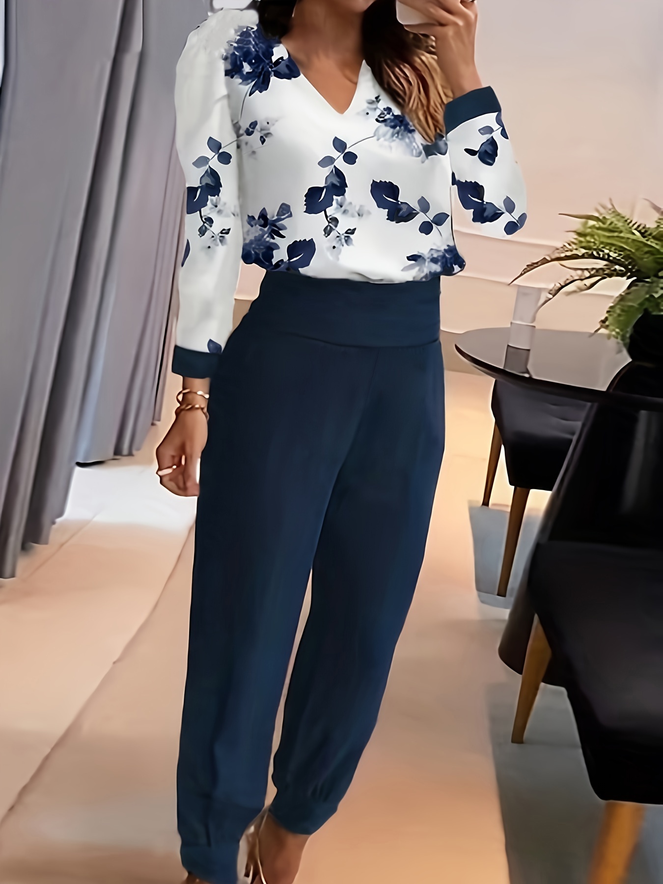 Women Pleated 2 Piece Outfit Loungewear Pants Set Long Sleeve Button Down  Blouse Shirt Palazzo Pants Suit Streetwear