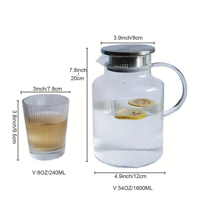 High Borosilicate Glass Pitcher With Lid,, Hot / Cold Water Jug, Juice And  Iced Tea Beverage Carafe With Stainless Steel Lid, Cups Available - Temu
