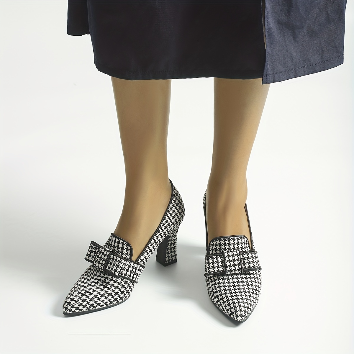 Women's Houndstooth Pumps Bowknot Slip On Chunky Heels