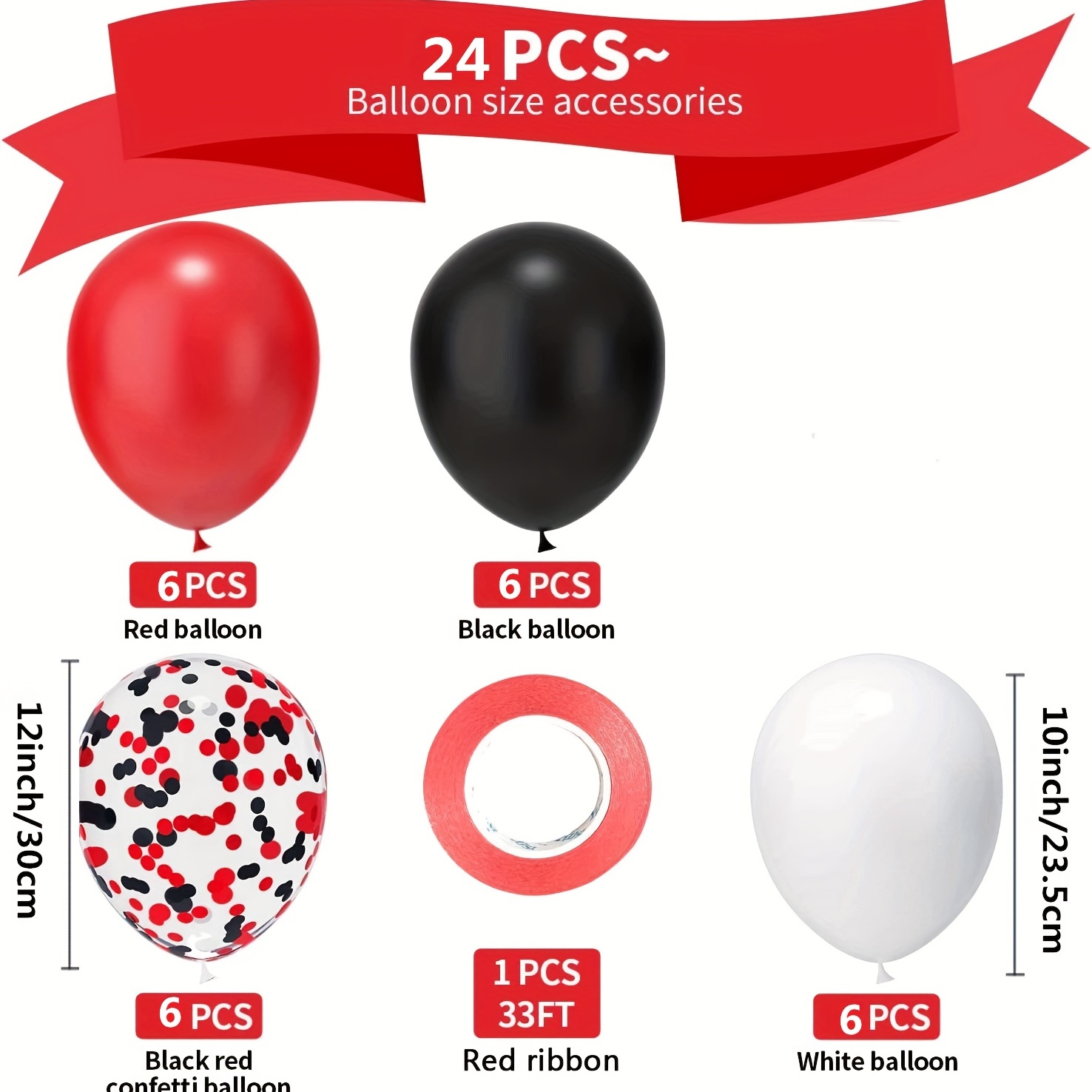 24pcs, Black Red White Confetti Latex Balloons, 10inch 12inch Black White  Red Party Balloons, Birthday Party Wedding Engagement, Event Graduation, R