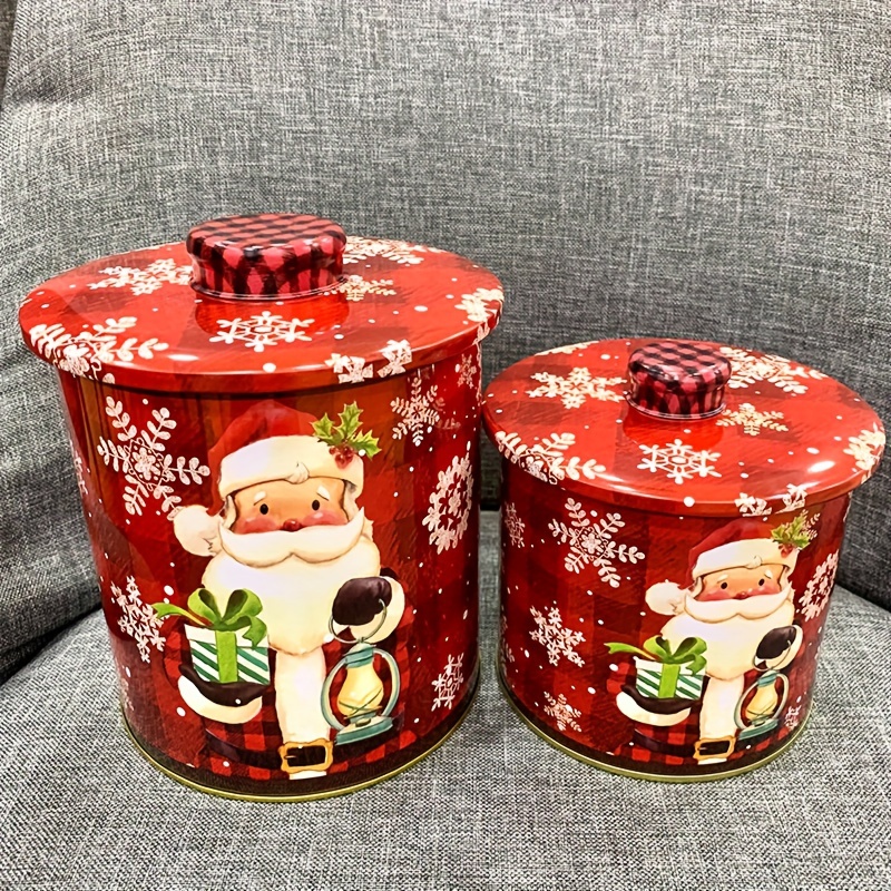 Christmas Metal Candy Cookie Box Round Can Candy Storage Containers Tinplate Gift Box with Lids for Christmas Holiday Party Supplies
