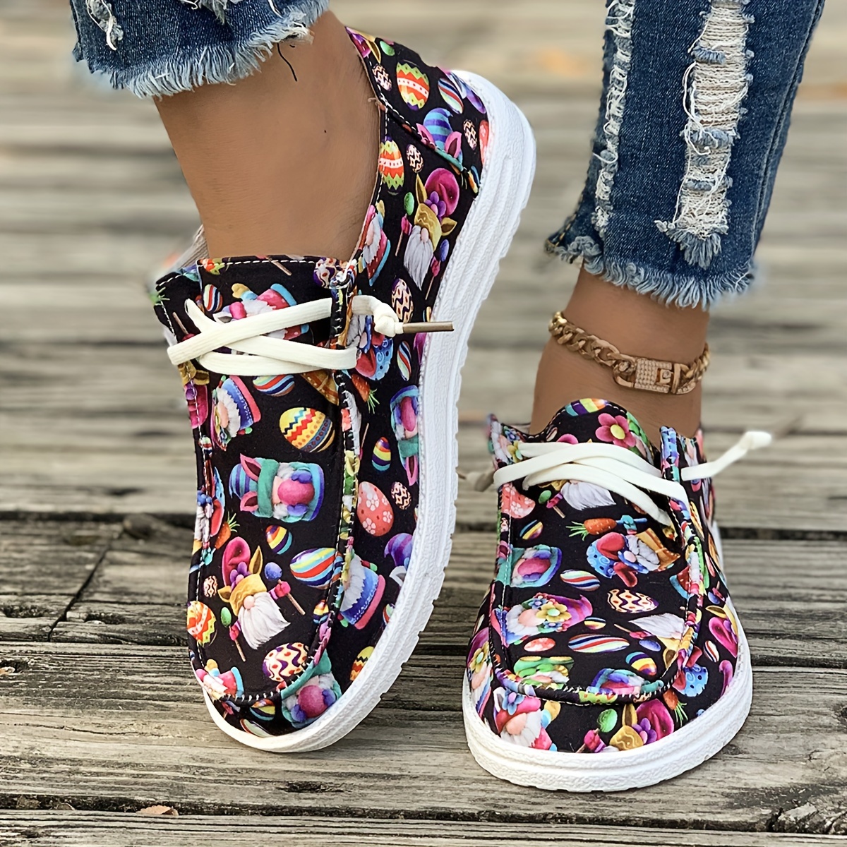 Women's Trendy Printed Canvas Shoes Casual Lace Outdoor - Temu