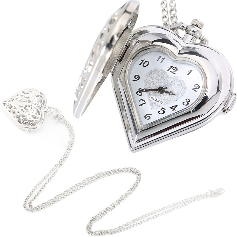 heart shape pocket watch silvery necklace pocket watch boho hollow quartz watch ladies sweater chain accessories new year presents perfect valentines gift for her 0