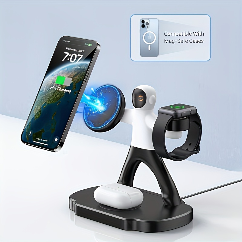 new product model astronaut wireless charging station 15w wireless magnetic charging fast charging while charging 4 devices the base has a usb cable charging output port night light charging indicator light suitable for all qi wireless charging devices suitable for 15 suitable for iwatch suitable for wireless charging function headphones suitable for samsung phones details 4