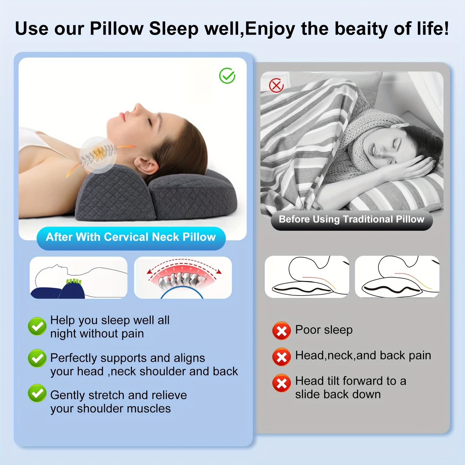 Cervical Neck Pillows for Pain Relief Sleeping, Ergonomic Built-in