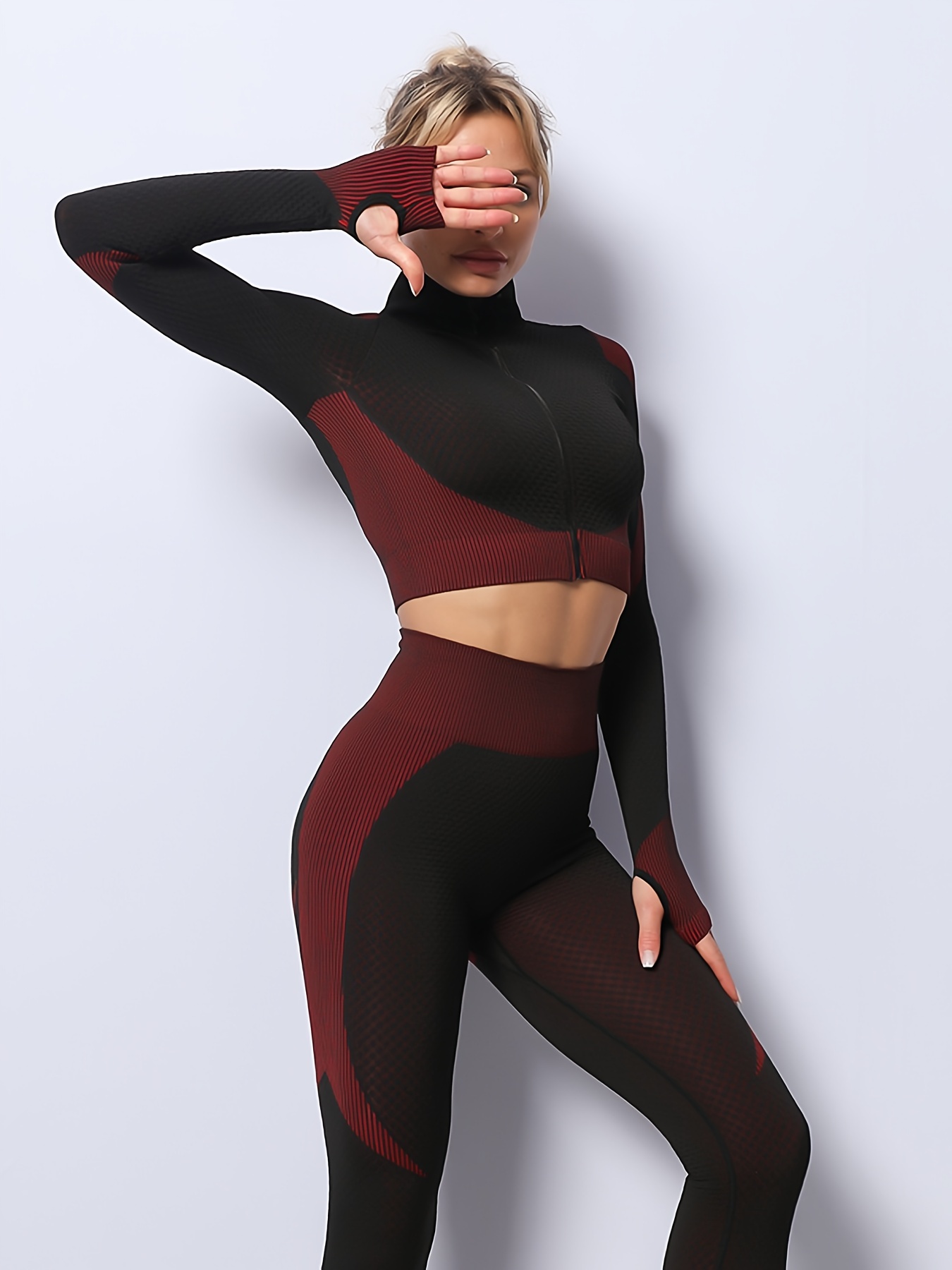 Women 3pcs Yoga Sets Sports wear Suit Long Sleeve Zipper with Sports Bra & Leggings  Pants Black & Red! Shop Now