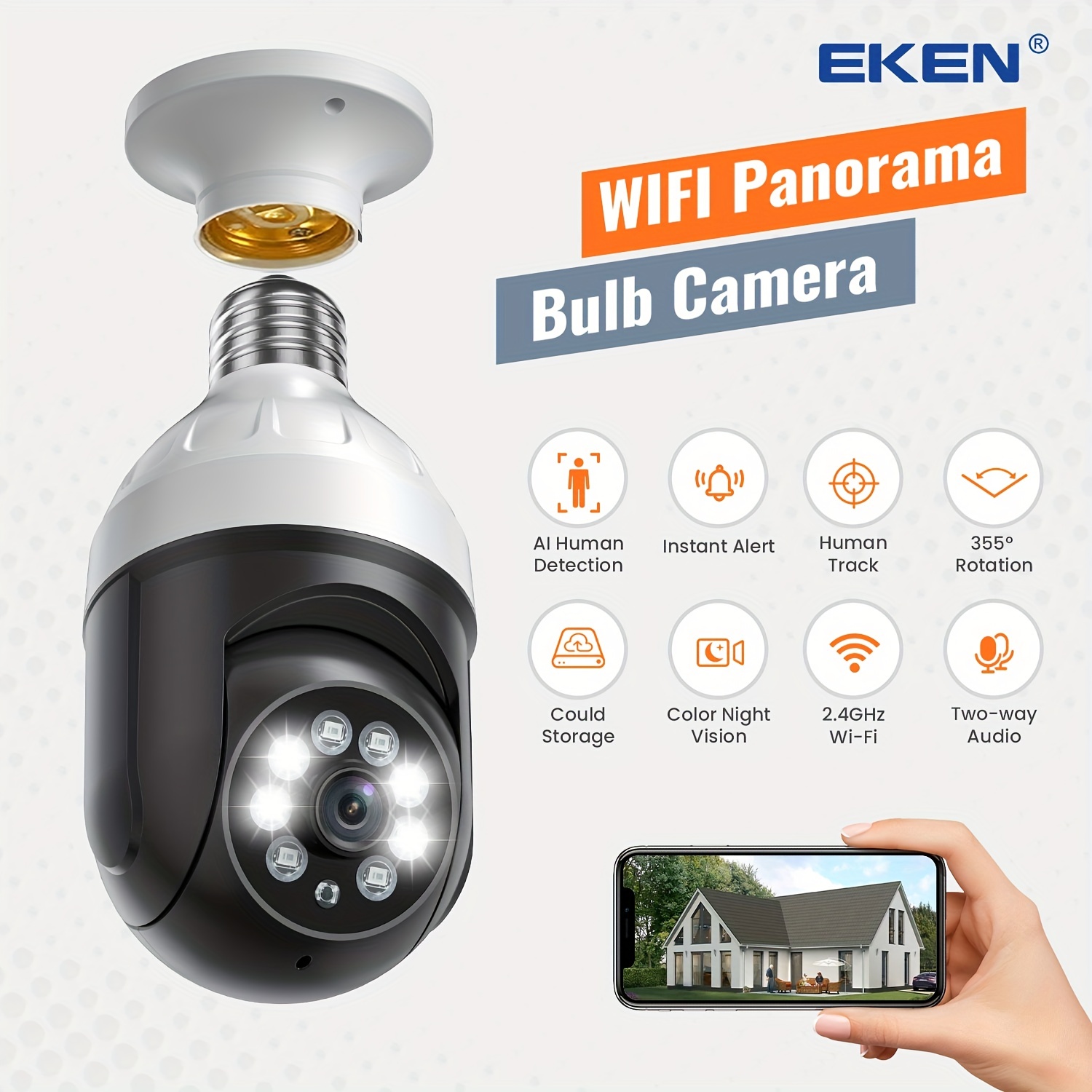Cámara de seguridad interior para el hogar, de 1080p y WiFi (solo 2.4G),  360 grados con aplicación, visión nocturna, audio de 2 vías, detección