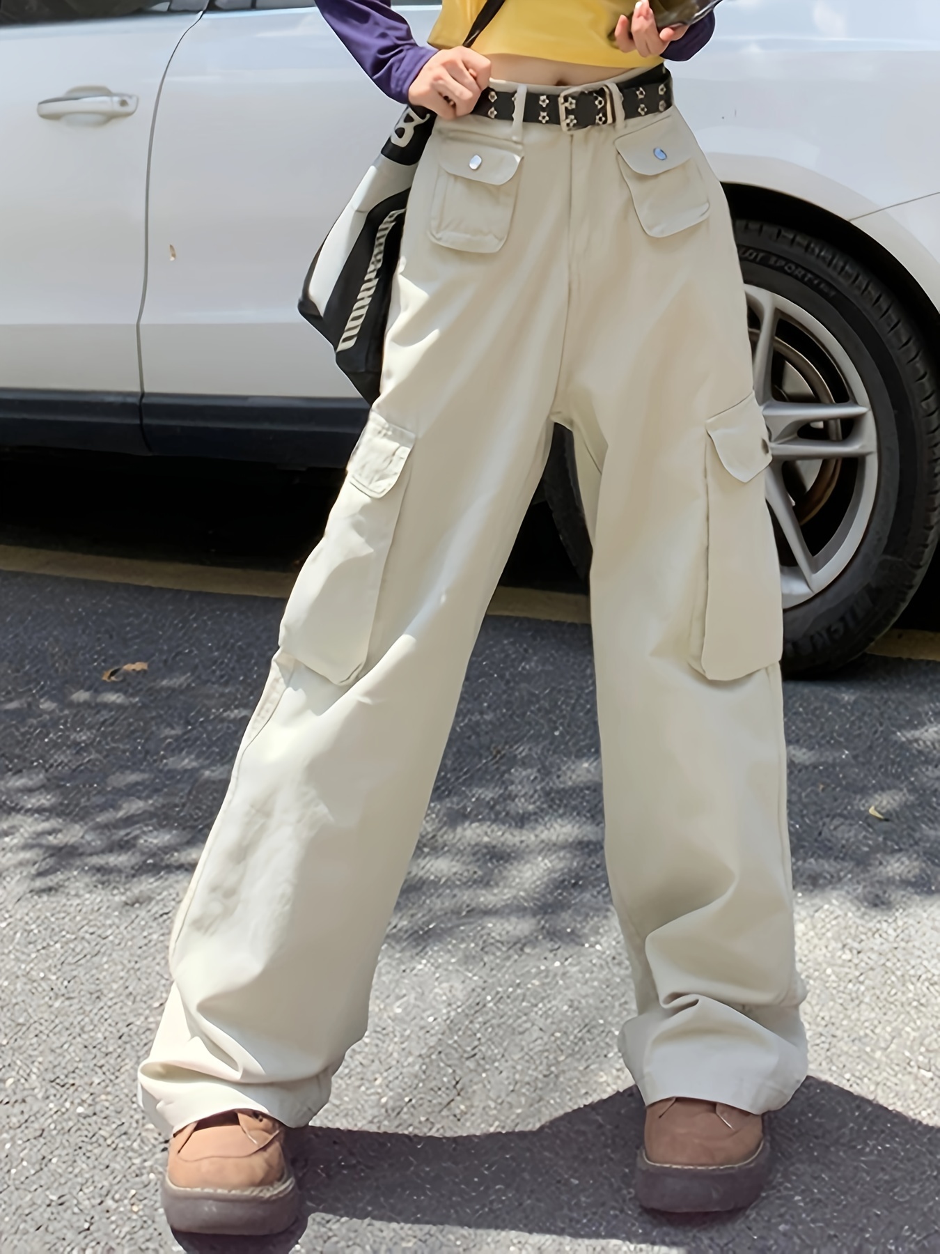 Y2k Flap Pockets Straight Leg Cargo Pants Casual Solid - Temu Philippines