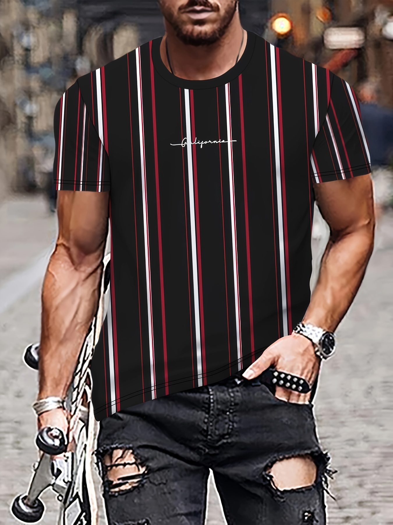 Stripe Pattern Print Men's Short Sleeve Comfy T shirt - Temu