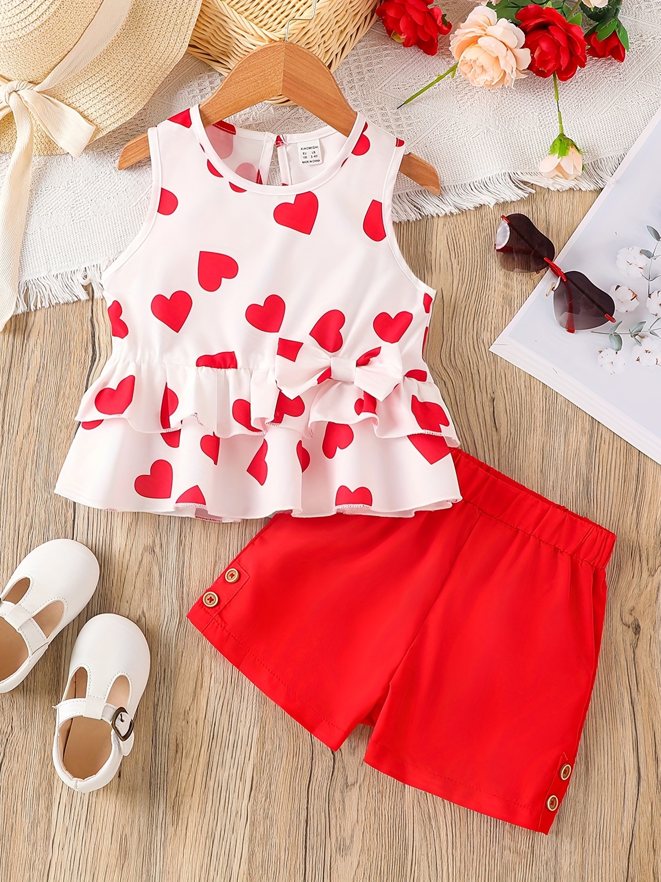 2pcs Toddler Girls Cute Heart Graphic Bow Front Peplum Tank Top & Button  Shorts Set Kids Summer Clothes