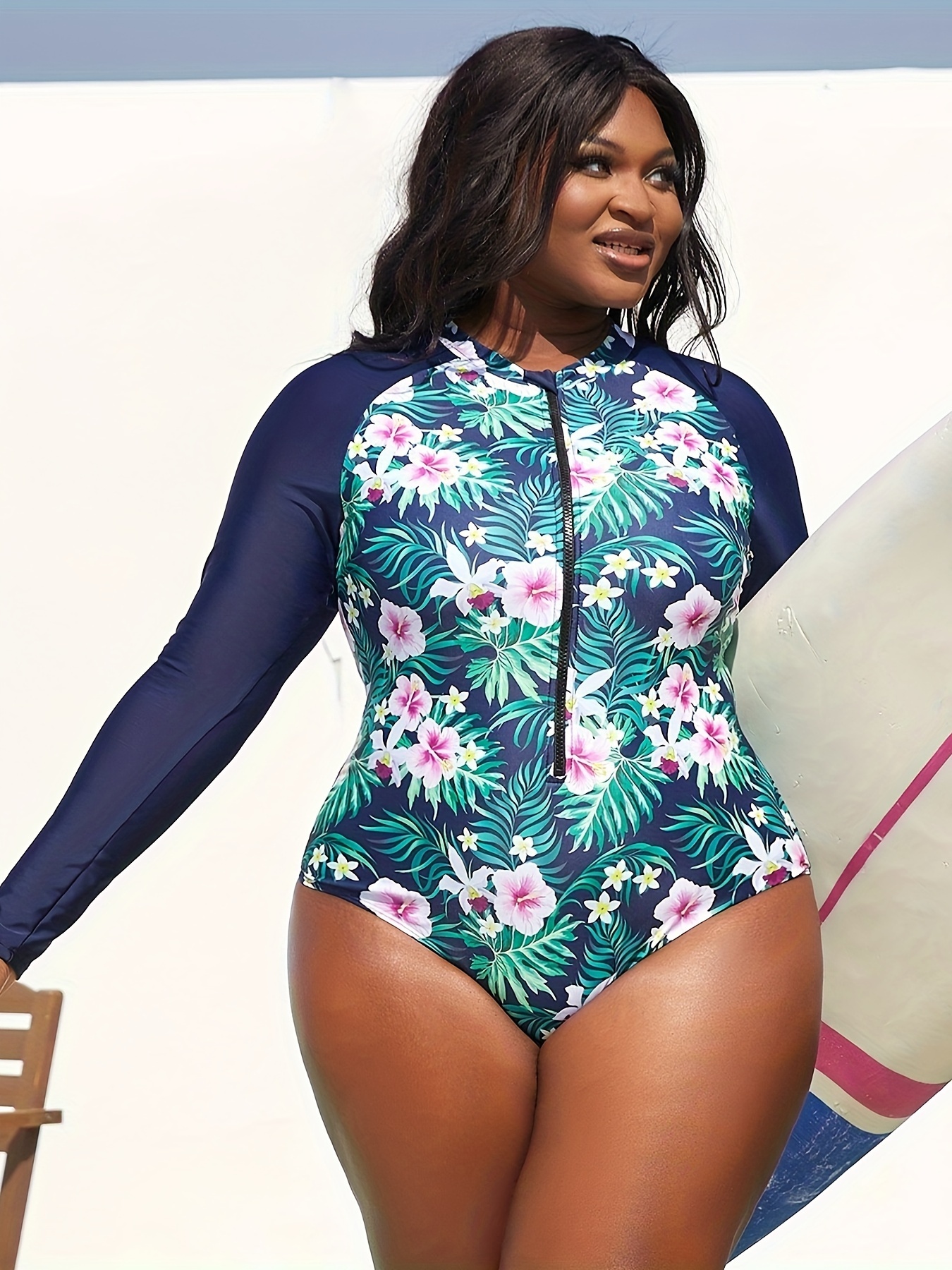 Women's Sporty Swimsuit Plus Size Zipper Leaf - Temu