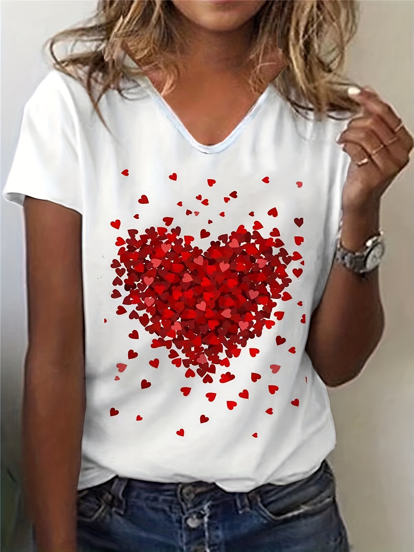 TANGNADE Women's Heart-Shaped T-shirt Zipper Decoration V-neck  Short-Sleeved Loose Top