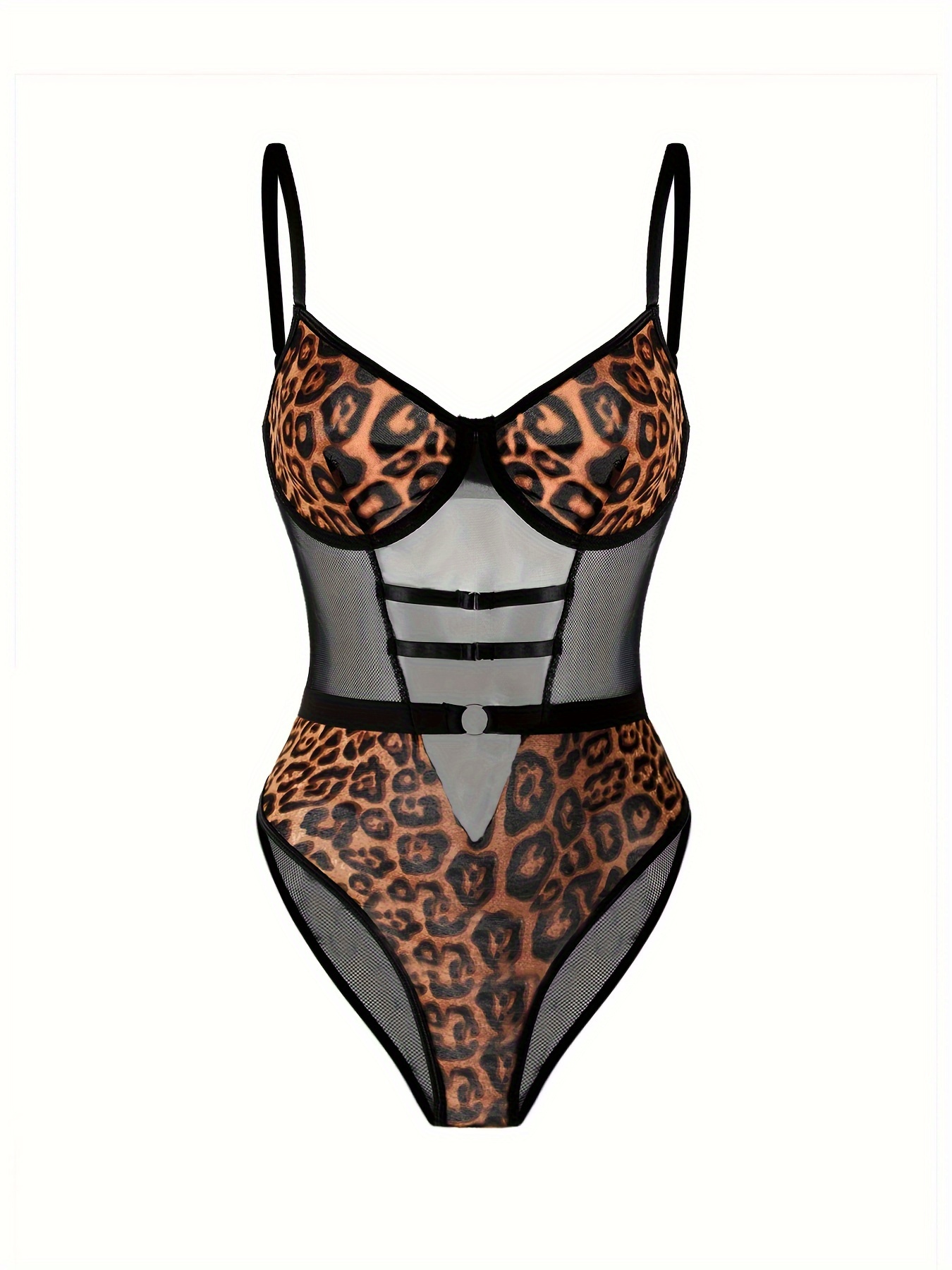 Women's Sexy Deep V Leopard Print Halter Bodysuit with Hollow Mesh Teddy  Lingerie