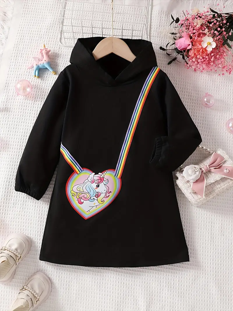 unicorn message bag appliques graphic girls casual long sleeve hooded dress pullover toddler kids clothing details 0