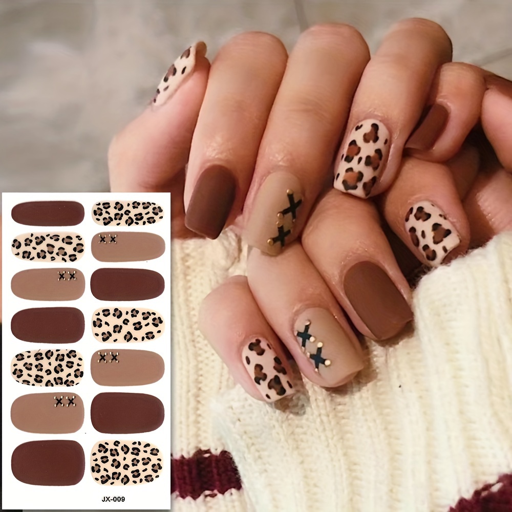 Image of Fall 1pc Leopard Nail Polish Sticker, Autumn And Winter Stripes Ordinary Nail Art Decoration Temperament Leopard Sparkling Pink Nail Full Sticker With Rubbing Strips