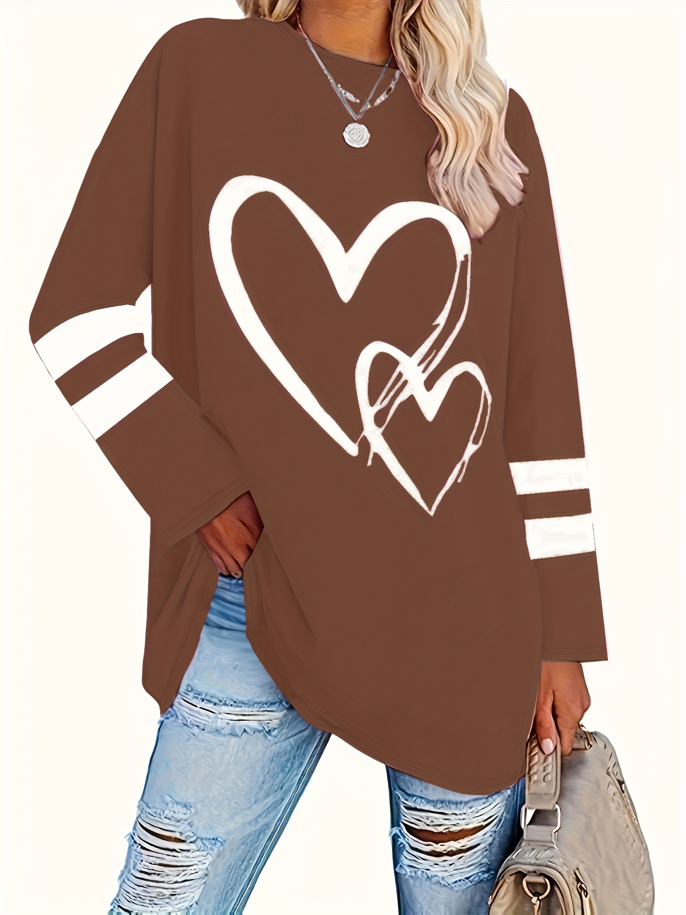 Plus Size Casual Sweatshirt Women's Plus Heart Stripe Print - Temu