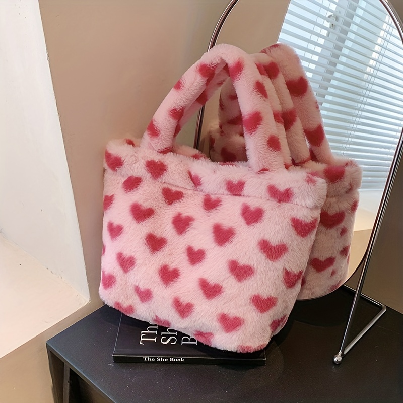 Checkered Embossed Contrast Binding Fuzzy Hobo Bag