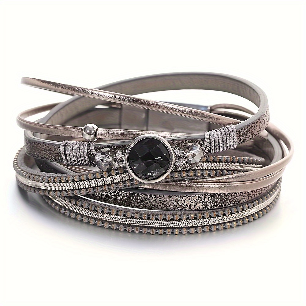 

1pc Bohemian Leather Bracelet, Black Color Multilayer Crystal Charm Wrap Bracelet, Colorful Rope Braid Wristband For Men