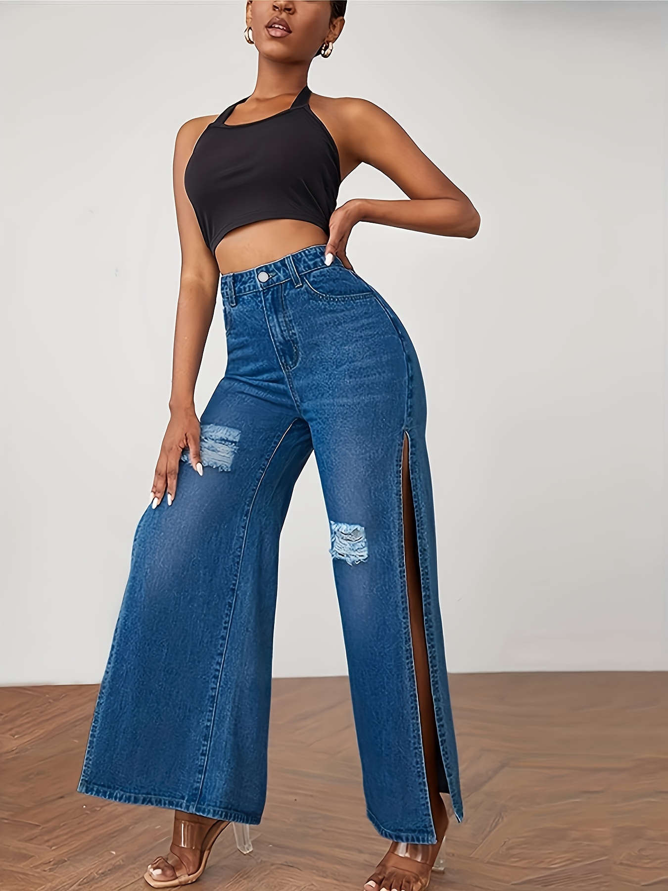 Women's Casual Jeans Plus Size Solid Ripped Side Split - Temu