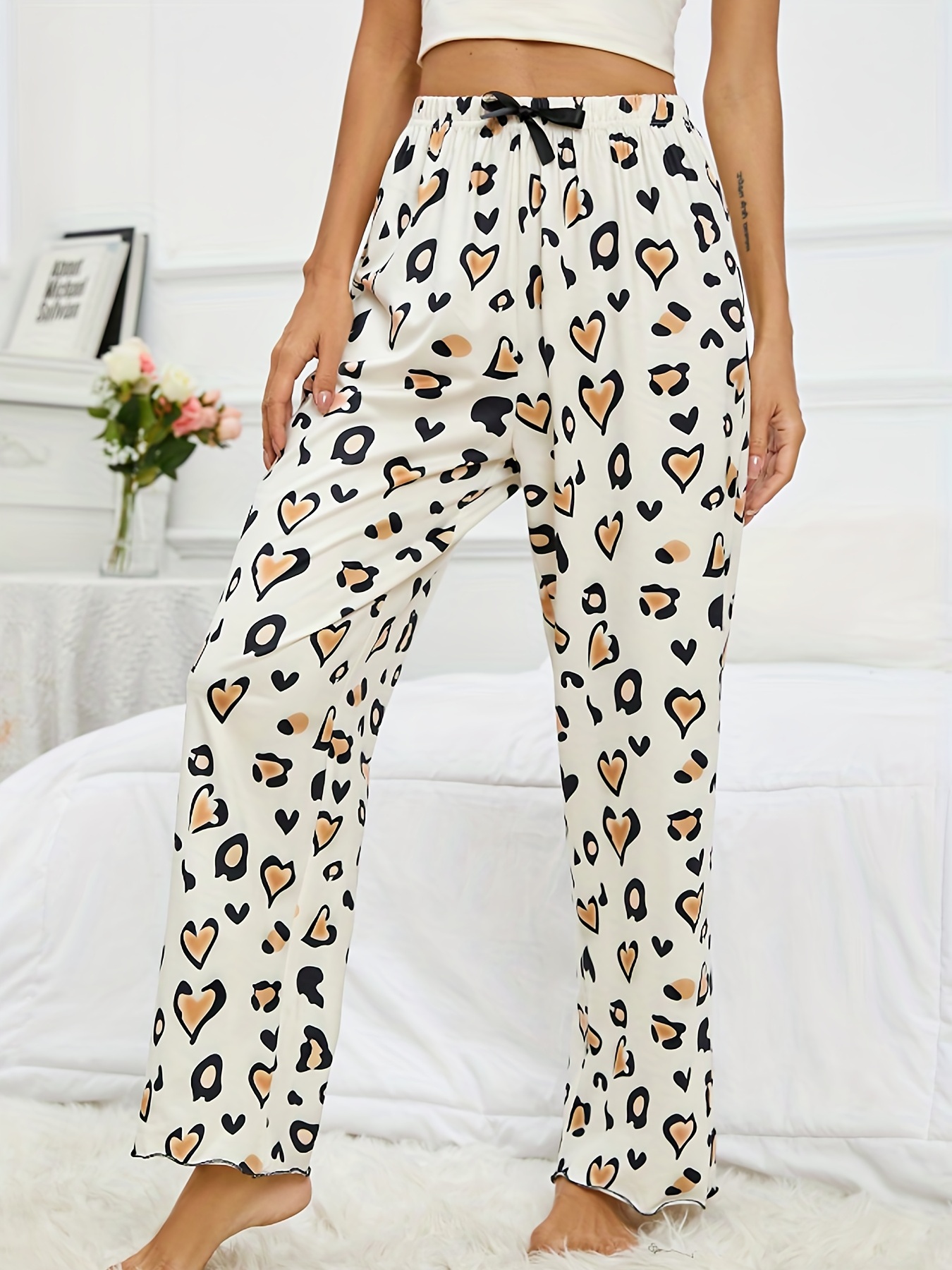 Heart Leopard Print Sleep Bottoms Casual Comfy Lace Pants Temu