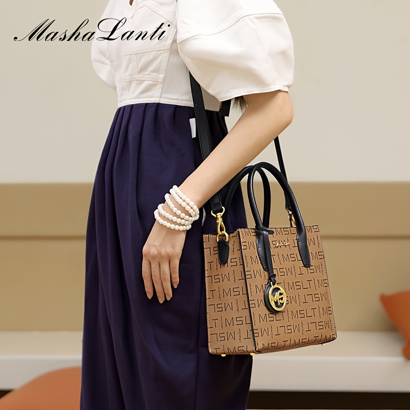 Letter Embossed Handbag, Trendy Faux Leather Shoulder Bag, Women's Double Handle Purse (8.4*8.6*3.5) inch,Hand Bags,Temu