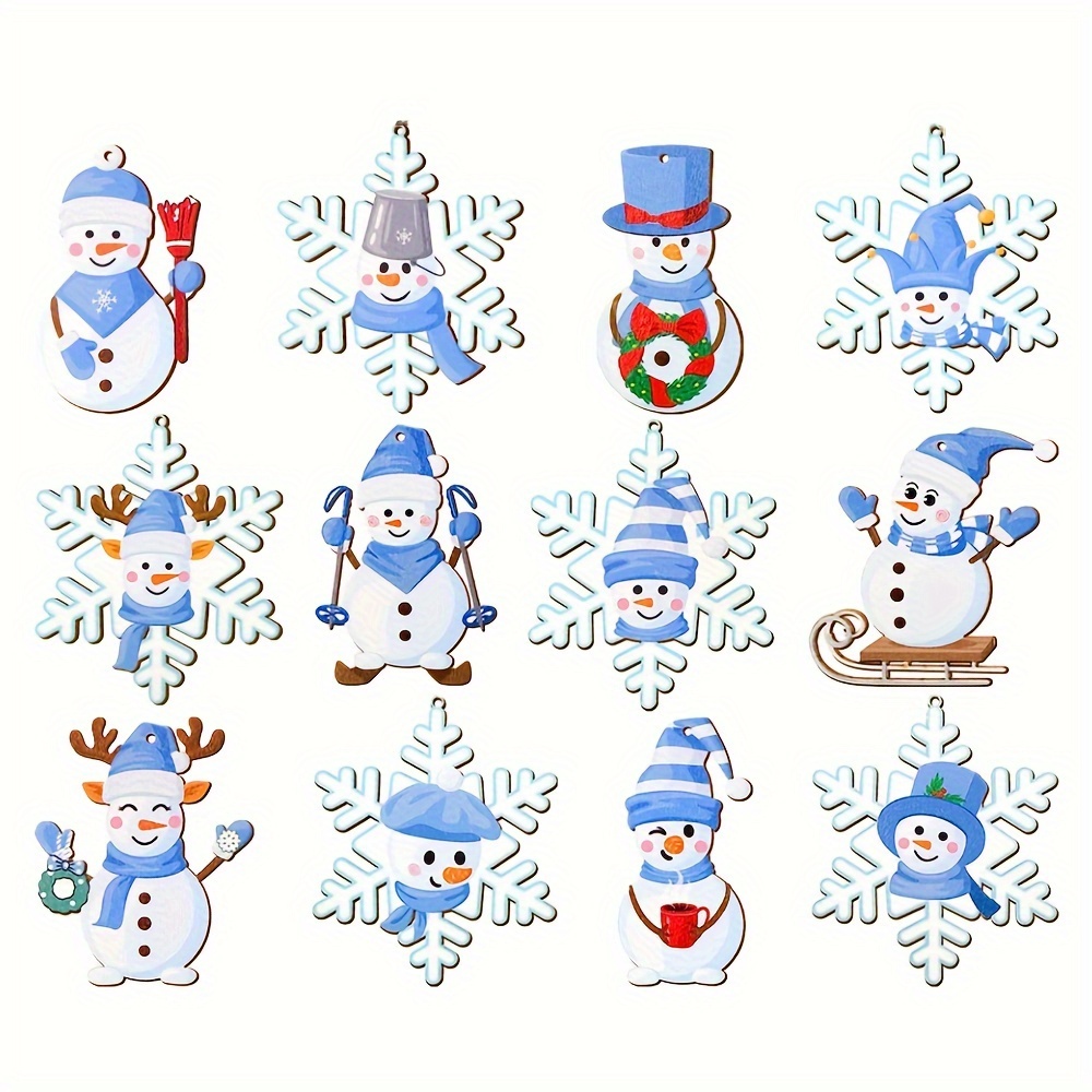15pcs Wooden Christmas Winter Blue White Snowflake Cute Snowman Theme Party  Gathering Holiday Tree Hanging Celebration Home Decorations